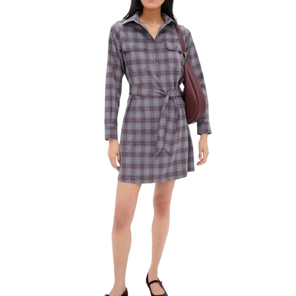 Tuckernuck Gray Plaid‎ Belted Long Sleeve Shirt Dress Size S